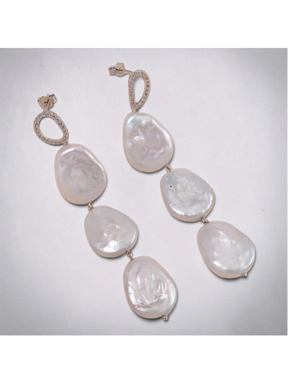 Sterling Silver 3-Tier Linear 16-17MM White Kashi Pearl & White Zircon Earrings